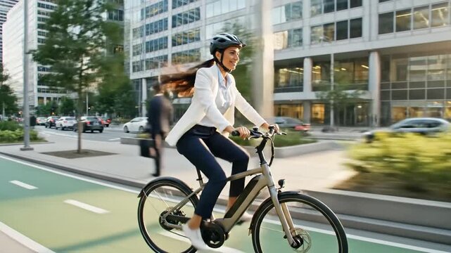 Happy businesswoman riding electric bicycle on city bike lane