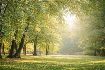 Fototapeta premium A sunny green park with soft morning light, trees, and a spacious lawn offers a warm, natural atmosphere. 