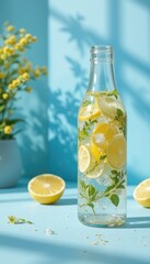 Fototapeta premium Refreshing detox water with lemon in a glass bottle, hydration concept