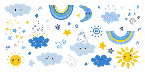 Cute cartoon clouds suns moons and stars on a white background