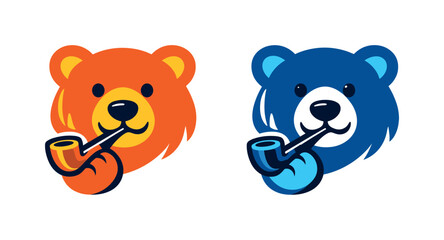 Obraz premium Two-Color vector icons of bear with wooden pipe: curved bear face, simple snout line, soft ear sweep, straight flute stem;