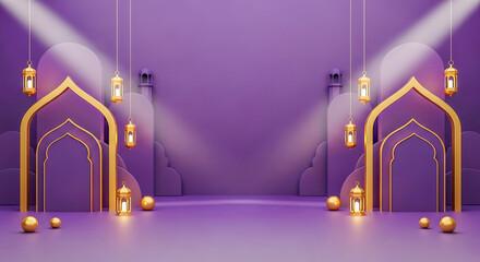 Ramadan Eid Mubarak Purple and Gold Islamic Background with Arches and Lanterns
