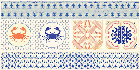 Artistic composition featuring crabs geometric patterns and nautical elements © Rakesh