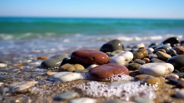 Wet pebbles on a sandy beach with ocean waves gently washing ashore under