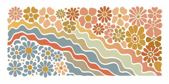Retro floral and wave pattern in warm muted earth tone colors
