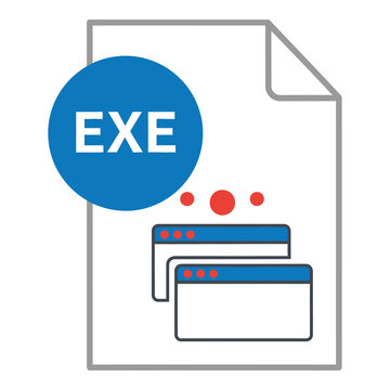 EXE file icon with blue circle and browser windows on white background icon