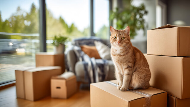 Cat sitting on boxes in a bright room with plants during a moving day in a modern apartment