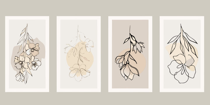 Four abstract botanical prints with delicate line work and neutral tones