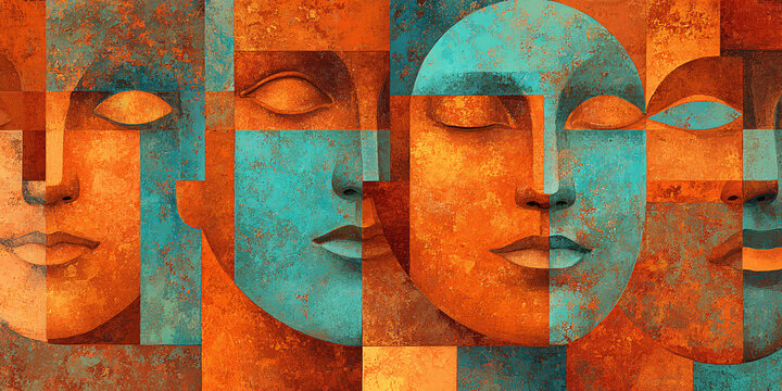 Abstract mosaic of fragmented faces in warm orange and cool teal, representing duality, identity, and inner thoughts
