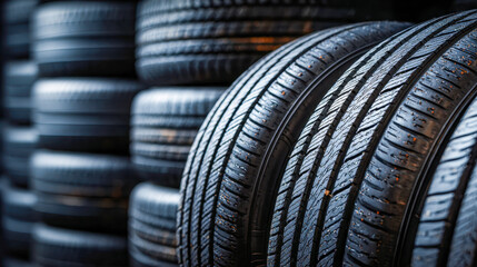 Fototapeta premium Stack of black vehicle tires arranged in rows showcasing detailed tread patterns for automotive maintenance and repair services in outdoor storage environment