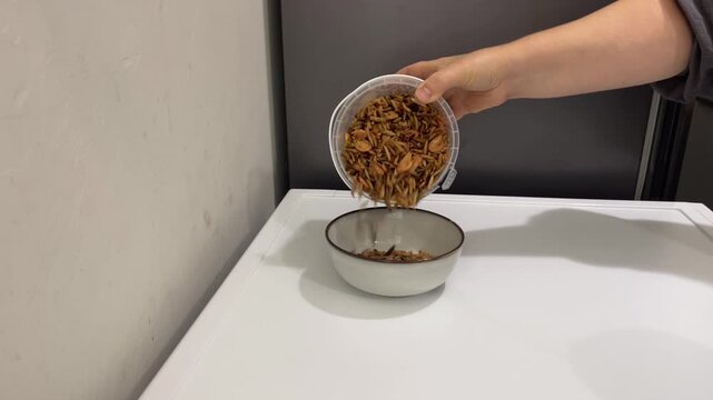 Dried shrimp, dried black soldier fly larvae in turtle food are poured into a ceramic bowl, rustling
