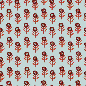Seamless pattern  with cute hand drawn bordo flowers on blue background. Vector floral  illustration .