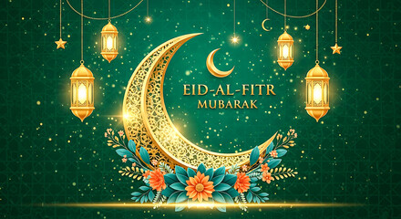 Obraz premium Celebrating the beauty of eid al-fitr with traditional lanterns and moon decorations