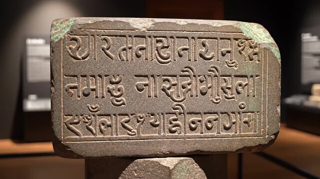 Ancient stone tablet with intricate Sanskrit inscriptions displayed in a museum exhibit with soft lighting showcasing historical artifacts and cultural heritage