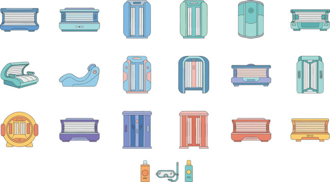 Tanning Bed and Solarium Equipment Icon Set Collection with UV Booths, Sunbed Machines, and Skincare Accessories for Beauty Salon Design
