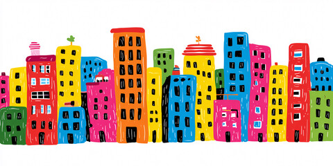 Obraz premium Vibrant, colorful, handdrawn cityscape with diverse buildings, representing urban life and creativity