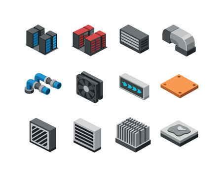 Isometric Cooling Icons. Isometric vector icons of server cooling core: cold aisle panel, hot aisle panel, radiator block, cooling