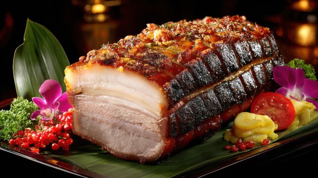 Artfully arranged Babi Guling roasted suckling pig entree with crispy skin and succulent meat