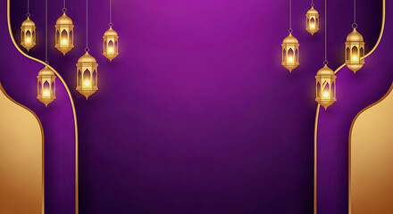 Golden Islamic Archway with Lanterns on Purple Background
