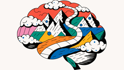 Obraz premium A colorful and imaginative illustration of a human brain integrates abstract landscape features like mountains, rivers, and roads, symbolizing complex thought processes and mind exploration.