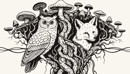 Fototapeta premium An intricately detailed black and white illustration portrays a wise owl and a cunning fox emerging from a dense, interwoven forest of mushrooms and gnarled roots.