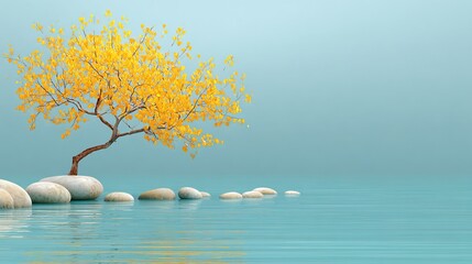 Serene artwork depicts a golden-leaved tree on stones, reflected in calm turquoise water