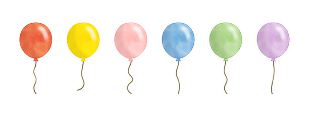 Six multicolored balloons in simple watercolor design