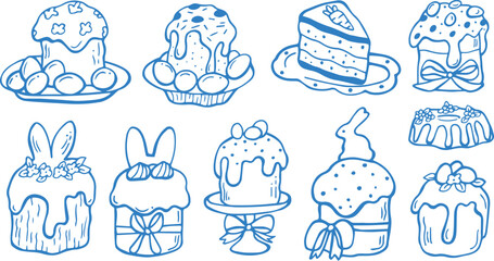 Whimsical Easter cakes cottagecore celebration doodles. Coquette hand drawn doodles in blue color. Charming vintage cakes and eggs