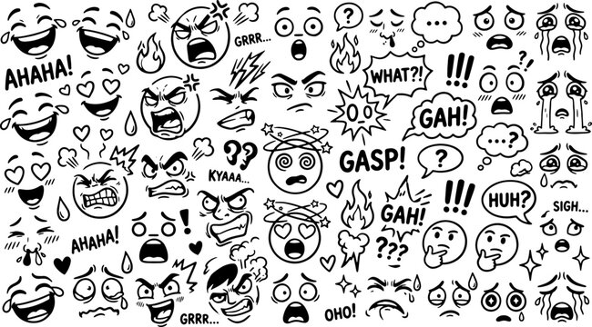 Overwhelming density of expressive monochrome faces conveying intense feelings such as shock, rage, joy, and confusion suitable for reaction graphics.