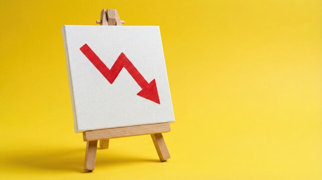 A red downward arrow on a small canvas easel symbolizing economic recession and financial market decline.