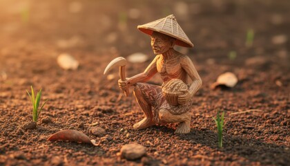 Obraz premium Intricate Miniature Wooden Sculpture of Traditional Indonesian Farmer Working in Field