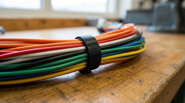 Bundle of colorful electrical wires organized with a black cable tie on a wooden workbench.