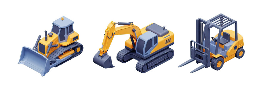 Three construction vehicles: a bulldozer, an excavator, and a forklift.