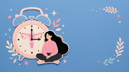 Naklejka premium Conceptual illustration of female fertility and biological clock featuring a woman sitting by an alarm clock with a uterus icon.