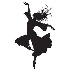 Black silhouette vector illustration of a graceful ballet dancer woman posing in a fashion dance jump, capturing the beauty of a lady's figure and body in motion against a white background © SANJIDA