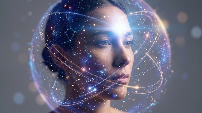 Conceptual portrait of a woman with glowing digital constellations representing artificial intelligence and human consciousness.