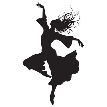 Black silhouette vector illustration of a graceful ballet dancer woman posing in a fashion dance jump, capturing the beauty of a lady's figure and body in motion against a white background