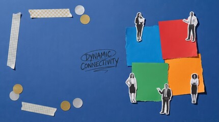 Fototapeta premium Creative collage representing dynamic connectivity and business collaboration with diverse professional cutouts on a blue background.