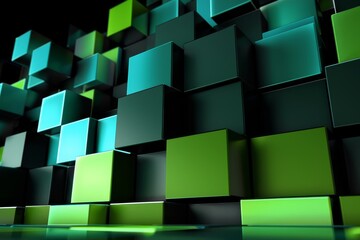 Glowing blue and green blocks in perspective on dark background abstract minimal technology design