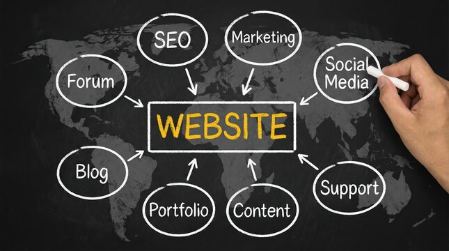 Hand drawing a digital marketing and website strategy diagram on a chalkboard with world map background.
