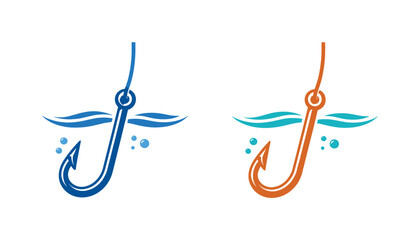 Naklejka premium Minimalist Fishing Hook Icon. Two-Color vector icons of an unentangled hook with no coral (antonymic to caught scene): plain hook,