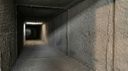 Fototapeta premium Interior view of a dirty air duct filled with thick dust and debris requiring professional hvac cleaning service.