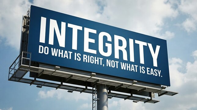 Large blue billboard displaying an inspirational quote about integrity and business ethics against a cloudy sky.