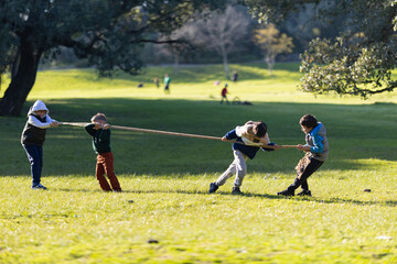 Fototapeta premium Four children playing tug of war game in park
