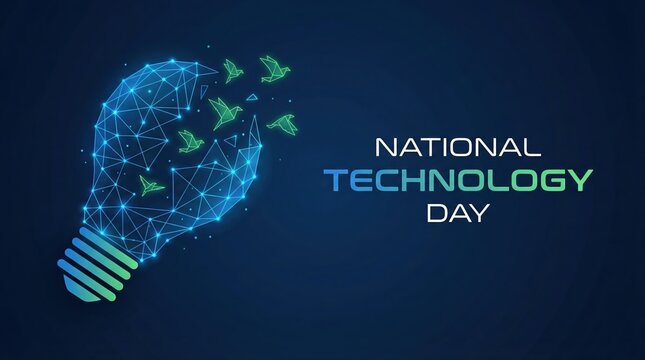 National technology day banner with a digital wireframe lightbulb and origami birds representing innovation and freedom.