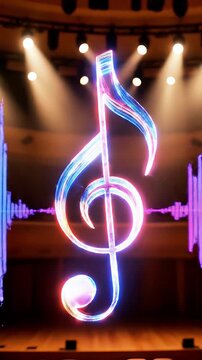 Vibrant neon treble clef symbol illuminated on a stage with spotlights representing music performance creativity and artistic expression for concert posters or event branding