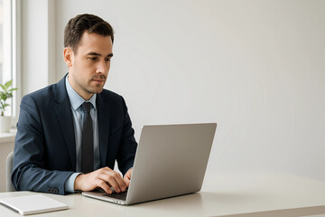 Professional Working on Laptop in Modern Office with Copy Space