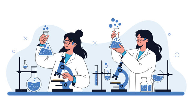 Two female scientists in white lab coats conducting research using microscopes and glassware in a modern scientific laboratory.
