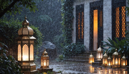 Obraz premium Ornate Moroccan lanterns glow warmly on a rainy evening outside a stone building