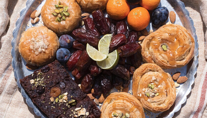 Fototapeta premium Assortment of Middle Eastern sweets and fruits on a decorative silver platter